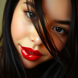 A close-up portrait of a girl with striking black hair, featuring glossy red lips and a playful expression