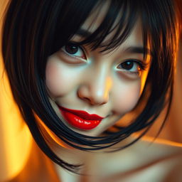 A close-up portrait of a girl with striking black hair, featuring glossy red lips and a playful expression