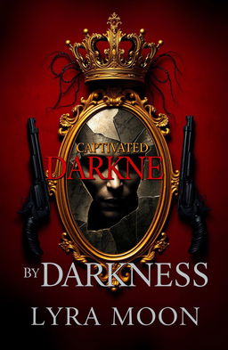 A deep crimson background serving as a dramatic backdrop for a gold broken mirror, its jagged edges gleaming ominously and reflecting fragments of a haunting face filled with despair