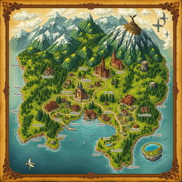 An intricate and beautifully detailed fantasy map of a kingdom, featuring lush green forests, majestic mountains, winding rivers, and expansive farmland