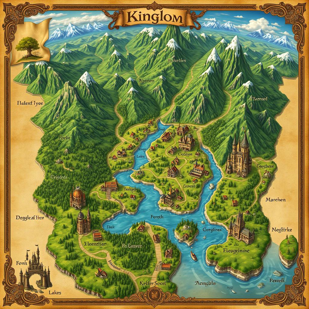 An intricate and beautifully detailed fantasy map of a kingdom, featuring lush green forests, majestic mountains, winding rivers, and expansive farmland