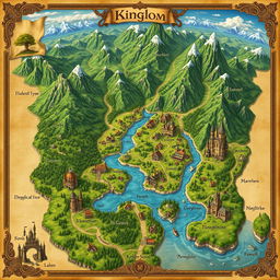 An intricate and beautifully detailed fantasy map of a kingdom, featuring lush green forests, majestic mountains, winding rivers, and expansive farmland