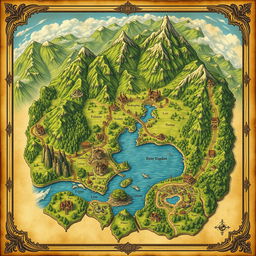 An intricate and beautifully detailed fantasy map of a kingdom, featuring lush green forests, majestic mountains, winding rivers, and expansive farmland