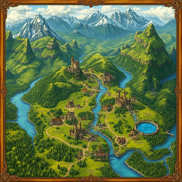 An intricate and beautifully detailed fantasy map of a kingdom, featuring lush green forests, majestic mountains, winding rivers, and expansive farmland