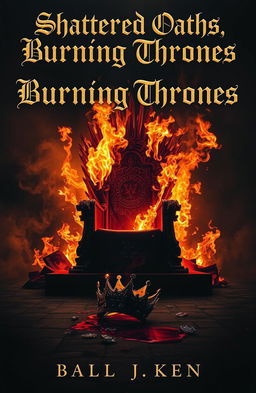 A dramatic scene depicting a throne engulfed in flames, casting an eerie glow against a dark, brooding background