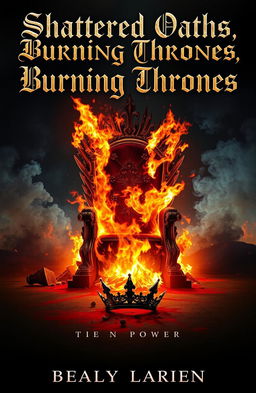 A dramatic scene depicting a throne engulfed in flames, casting an eerie glow against a dark, brooding background