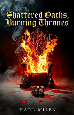 A dramatic scene depicting a throne engulfed in flames, casting an eerie glow against a dark, brooding background