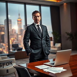A dramatic scene depicting a powerful figure named Jackson standing confidently in an office environment, with a large window showcasing a bustling cityscape behind him
