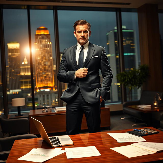 A dramatic scene depicting a powerful figure named Jackson standing confidently in an office environment, with a large window showcasing a bustling cityscape behind him