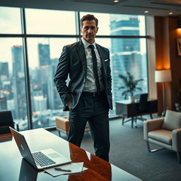 A dramatic scene depicting a powerful figure named Jackson standing confidently in an office environment, with a large window showcasing a bustling cityscape behind him