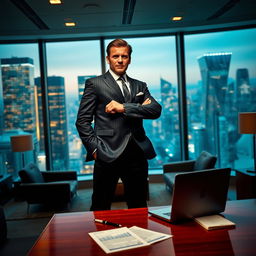 A dramatic scene depicting a powerful figure named Jackson standing confidently in an office environment, with a large window showcasing a bustling cityscape behind him