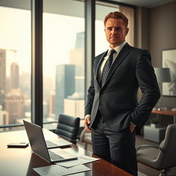 A dramatic scene created by Jackson Newton depicting a powerful figure named Jackson standing confidently in an office environment, with a large window showcasing a bustling cityscape behind him