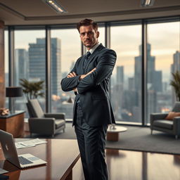 A dramatic scene created by Jackson Newton depicting a powerful figure named Jackson standing confidently in an office environment, with a large window showcasing a bustling cityscape behind him