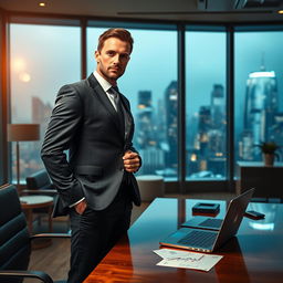 A dramatic scene created by Jackson Newton depicting a powerful figure named Jackson standing confidently in an office environment, with a large window showcasing a bustling cityscape behind him