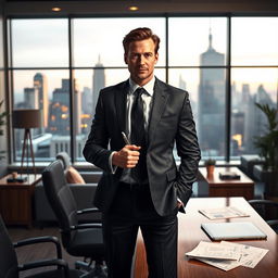 A dramatic scene created by Jackson Newton depicting a powerful figure named Jackson standing confidently in an office environment, with a large window showcasing a bustling cityscape behind him