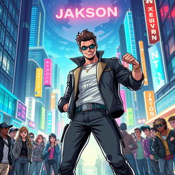 A dynamic and expressive illustration capturing the bold and confident takeover of an urban environment by a character named Jackson Newton