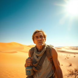 A parched traveler in a hot desert landscape, standing under the blazing sun with a distressed expression, longing for water