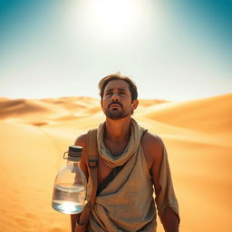 A parched traveler in a hot desert landscape, standing under the blazing sun with a distressed expression, longing for water