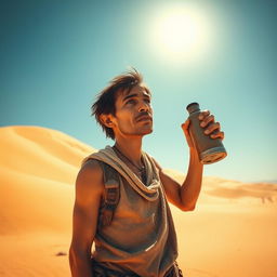 A parched traveler in a hot desert landscape, standing under the blazing sun with a distressed expression, longing for water
