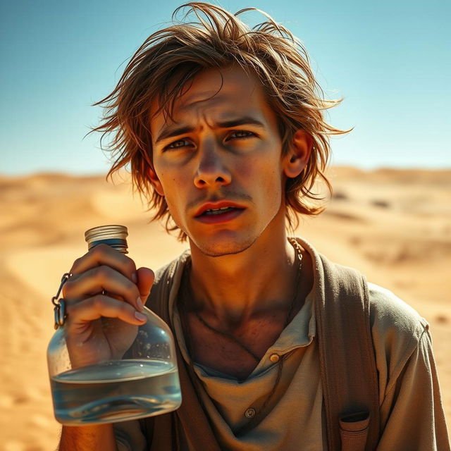 A parched traveler in a hot desert landscape, standing under the blazing sun with a distressed expression, longing for water