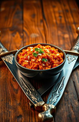 A vibrant bowl of spicy Jollof rice, steaming hot with a rich tomato sauce, garnished with finely chopped onions and fresh parsley, placed at the center of the image