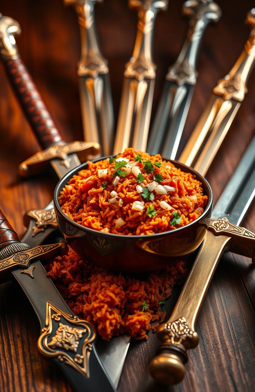 A vibrant bowl of spicy Jollof rice, steaming hot with a rich tomato sauce, garnished with finely chopped onions and fresh parsley, placed at the center of the image