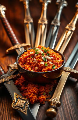 A vibrant bowl of spicy Jollof rice, steaming hot with a rich tomato sauce, garnished with finely chopped onions and fresh parsley, placed at the center of the image