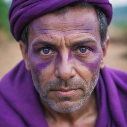 The brave man's eyes transform into a vivid purple color, illuminating his fearless spirit and highlighting an inexplicable power that emanates from within him amidst the chaos of the village.