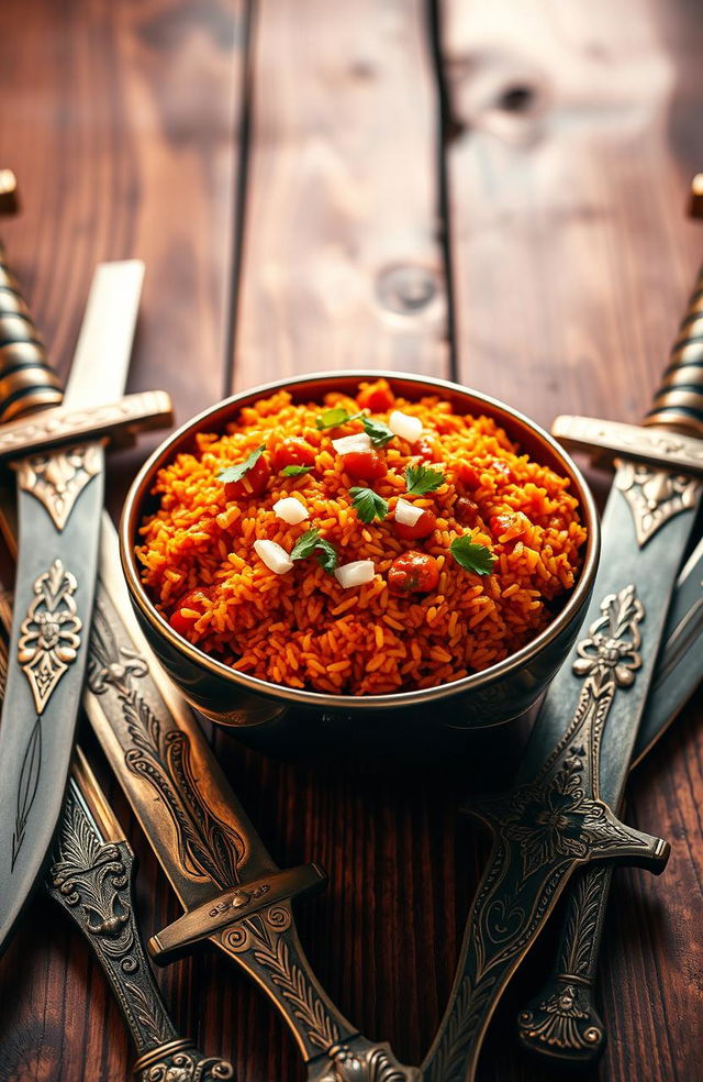 A vibrant bowl of spicy Jollof rice, steaming hot with a rich tomato sauce, garnished with finely chopped onions and fresh parsley, placed at the center of the image