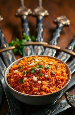 A vibrant bowl of spicy Jollof rice, steaming hot with a rich tomato sauce, garnished with finely chopped onions and fresh parsley, placed at the center of the image