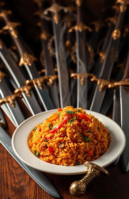 A beautifully plated bowl of vibrant Jollof rice, rich in color and texture, garnished with sliced vegetables and a touch of green herbs, surrounded by an array of ornate, gleaming swords with decorative hilts, displayed on a textured wooden surface, creating a striking juxtaposition of culinary delight and weaponry