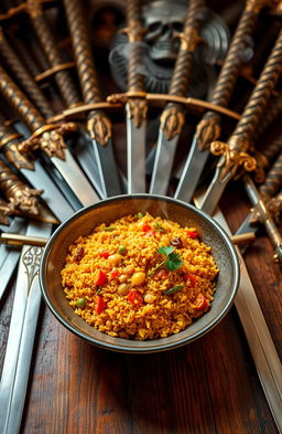 A beautifully plated bowl of vibrant Jollof rice, rich in color and texture, garnished with sliced vegetables and a touch of green herbs, surrounded by an array of ornate, gleaming swords with decorative hilts, displayed on a textured wooden surface, creating a striking juxtaposition of culinary delight and weaponry