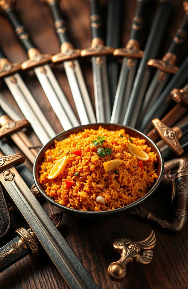 A beautifully plated bowl of vibrant Jollof rice, rich in color and texture, garnished with sliced vegetables and a touch of green herbs, surrounded by an array of ornate, gleaming swords with decorative hilts, displayed on a textured wooden surface, creating a striking juxtaposition of culinary delight and weaponry