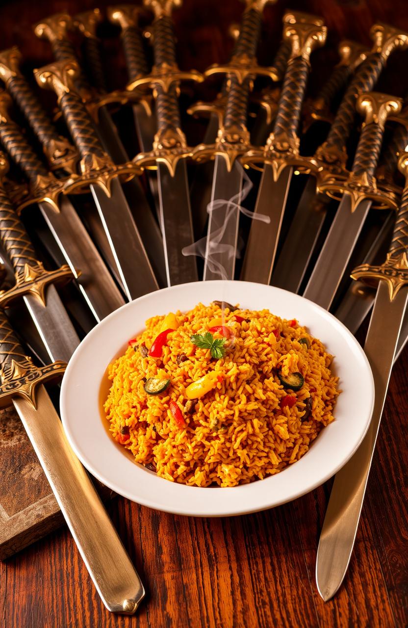 A beautifully plated bowl of vibrant Jollof rice, rich in color and texture, garnished with sliced vegetables and a touch of green herbs, surrounded by an array of ornate, gleaming swords with decorative hilts, displayed on a textured wooden surface, creating a striking juxtaposition of culinary delight and weaponry