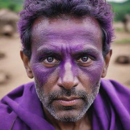 The brave man's eyes transform into a vivid purple color, illuminating his fearless spirit and highlighting an inexplicable power that emanates from within him amidst the chaos of the village.