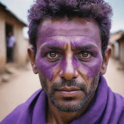 The brave man's eyes transform into a vivid purple color, illuminating his fearless spirit and highlighting an inexplicable power that emanates from within him amidst the chaos of the village.