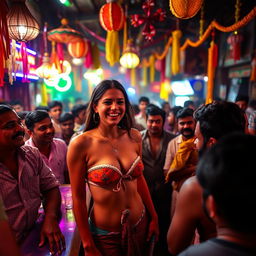 An American female in a strapless bikini, enjoying the vibrant atmosphere of a cheap Indian bar, surrounded by a dense crowd of Indian men