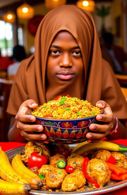 A vibrant, colorful bowl of Jollof rice, filled with tomatoes, bell peppers, and spices, being held by a teenager with a long, flowing veil partially covering his face