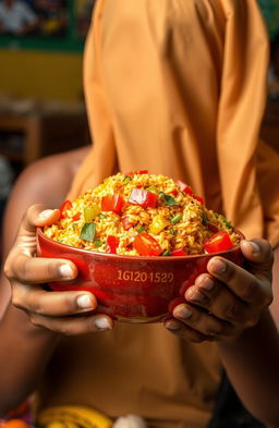 A vibrant, colorful bowl of Jollof rice, filled with tomatoes, bell peppers, and spices, being held by a teenager with a long, flowing veil partially covering his face