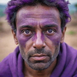 The brave man's eyes transform into a vivid purple color, illuminating his fearless spirit and highlighting an inexplicable power that emanates from within him amidst the chaos of the village.