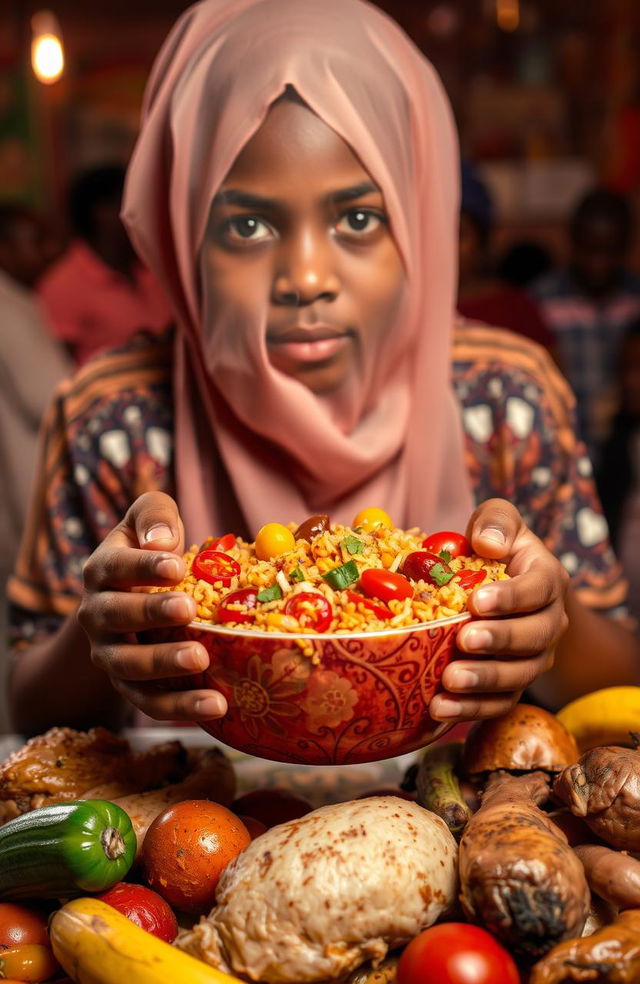 A vibrant, colorful bowl of Jollof rice, filled with tomatoes, bell peppers, and spices, being held by a teenager with a long, flowing veil partially covering his face