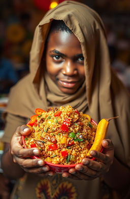 A vibrant, colorful bowl of Jollof rice, filled with tomatoes, bell peppers, and spices, being held by a teenager with a long, flowing veil partially covering his face