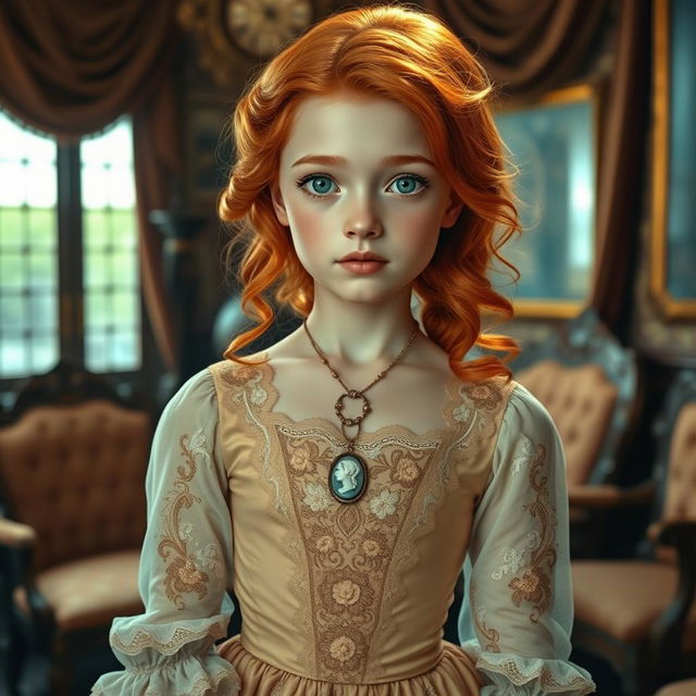 A beautiful girl with striking green eyes and vibrant ginger hair, elegantly dressed in exquisite Victorian clothing