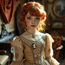 A beautiful girl with striking green eyes and vibrant ginger hair, elegantly dressed in exquisite Victorian clothing