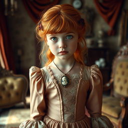 A beautiful girl with striking green eyes and vibrant ginger hair, elegantly dressed in exquisite Victorian clothing