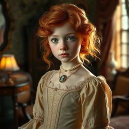 A beautiful girl with striking green eyes and vibrant ginger hair, elegantly dressed in exquisite Victorian clothing