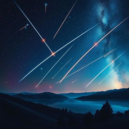 A breathtaking night sky filled with shooting stars and meteors racing through the atmosphere, set against a backdrop of a vibrant and colorful galaxy
