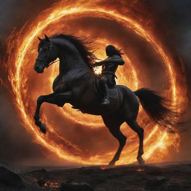 The brave man summons a swirling black hole, its formidable power suctions the fiery chaos around. The sight of this spectacle sends the invading horsemen into a panicked retreat, their courage faltering against this mysterious force.