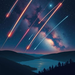 A breathtaking night sky filled with shooting stars and meteors racing through the atmosphere, set against a backdrop of a vibrant and colorful galaxy