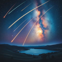 A breathtaking night sky filled with shooting stars and meteors racing through the atmosphere, set against a backdrop of a vibrant and colorful galaxy